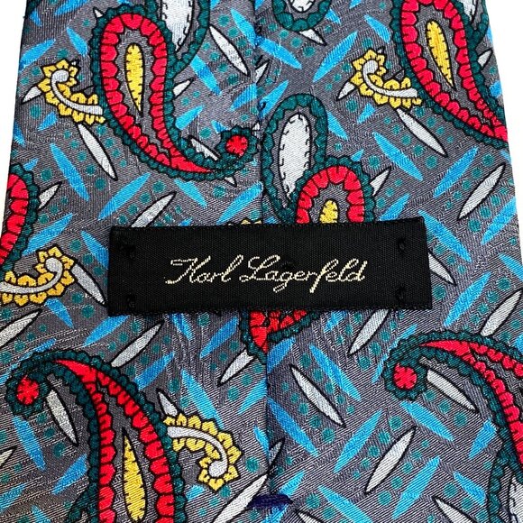 Vintage Karl Lagerfeld Luxury Designer Tie Collectors Item Teal Gray Red Yellow - Picture 2 of 9